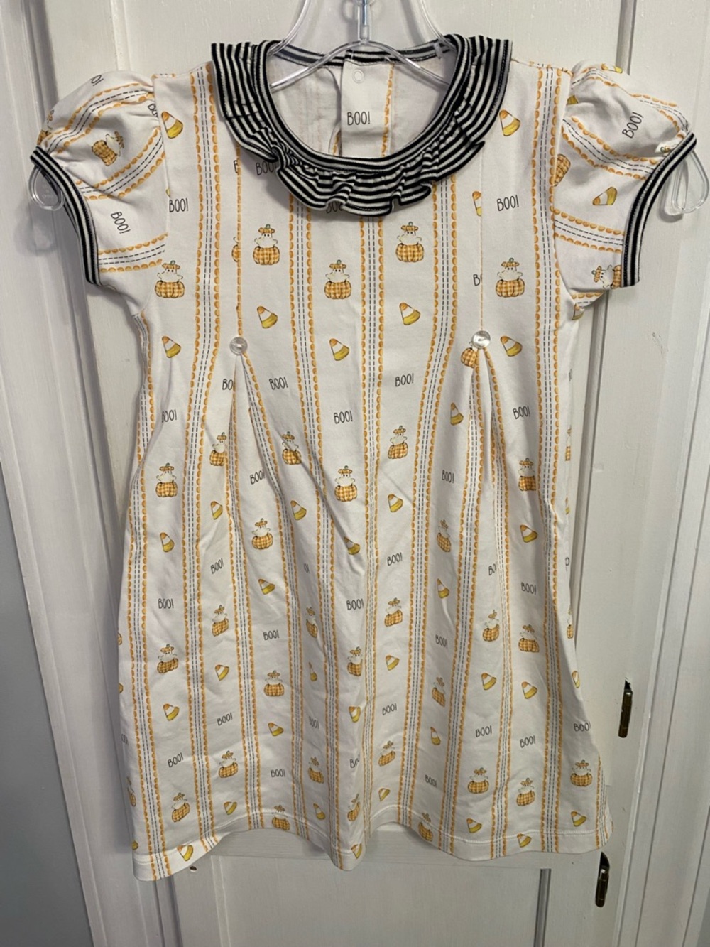 Kids' White & Yellow Pumpkin Print Dress with Striped Collar